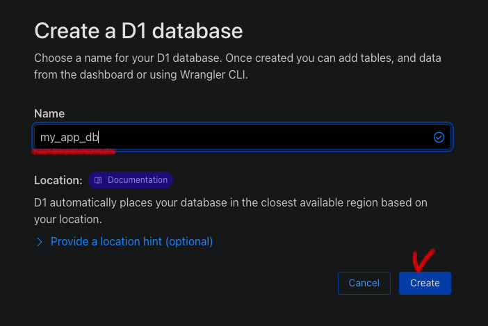 Cloudflare D1 신규 DB 생성 페이지