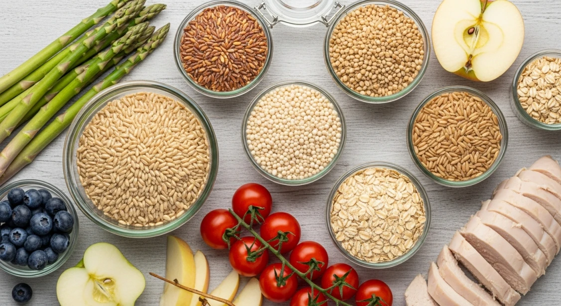 다양한 통곡물과 신선한 채소, 과일, 단백질 식품이 균형 있게 어우러진 건강한 식단.