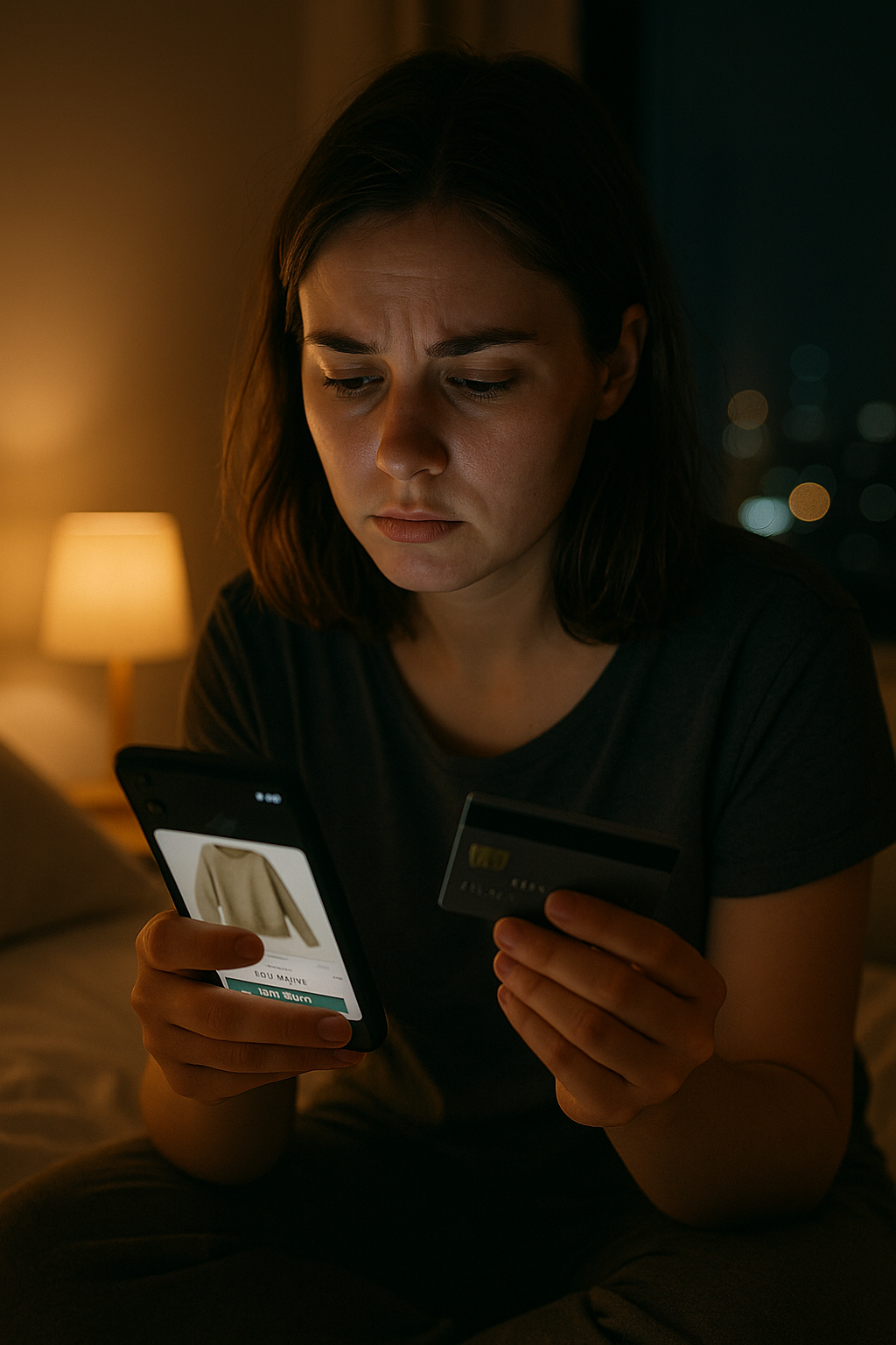 밤에 스마트폰으로 쇼핑하는 혼자 사는 사람의 감정 소비 장면
감정 소비, 야간 쇼핑, 혼자 사는 사람, 스마트폰 결제