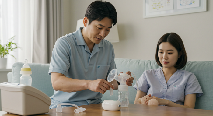 아빠가 유축기 준비하는 장면