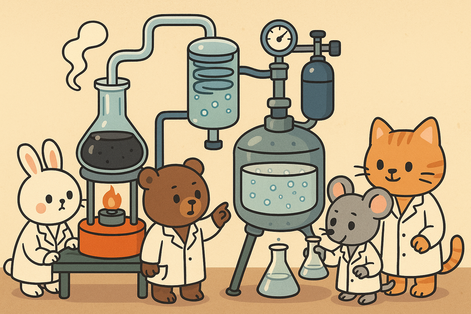 귀여운 동물 과학자들이 실험실에서 석유를 가열하고 정제하여 무색의 부틸렌글라이콜을 만드는 과정을 묘사한 아기자기한 만화 스타일의 이미지