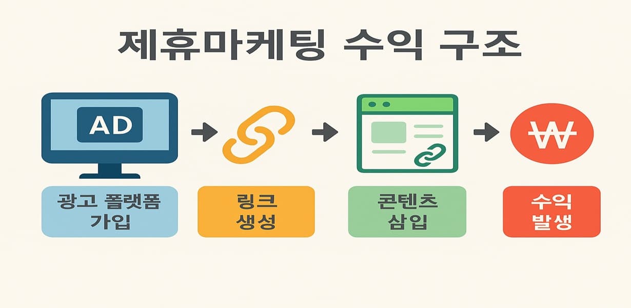 “광고 플랫폼 가입 → 링크 생성 → 콘텐츠 삽입 → 수익 발생까지의 제휴마케팅 수익 구조를 단계별로 설명한 시각 자료”