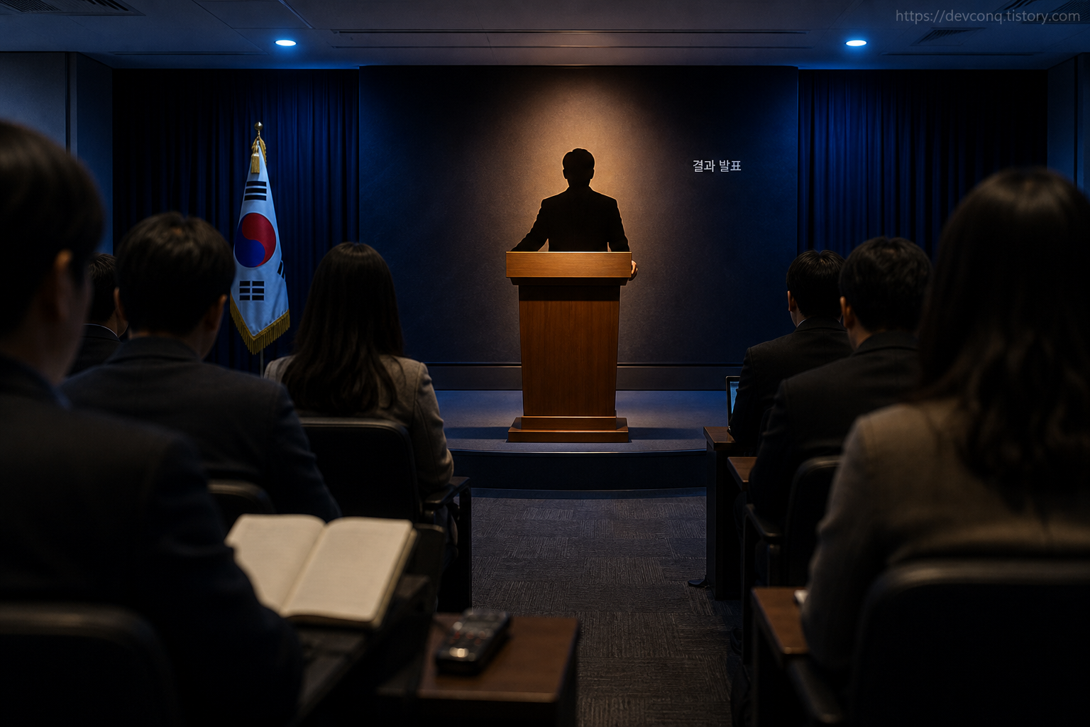 정부청사 브리핑룸 연단에서 평가 결과를 발표하는 장면을 뒤쪽 취재석 너머로 잡은 모습