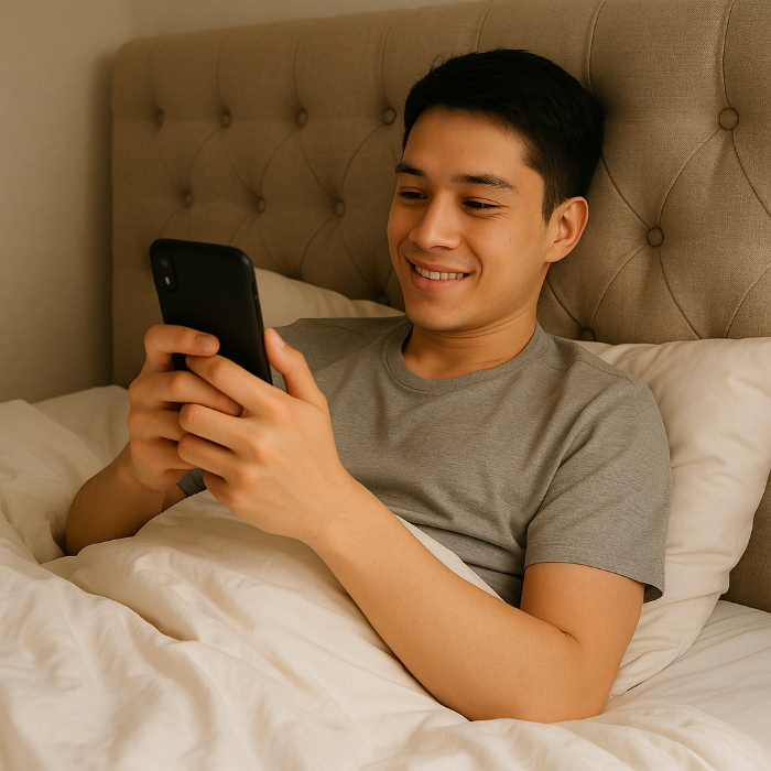 침대에서 이불덮고 핸드폰 보고있는 남자