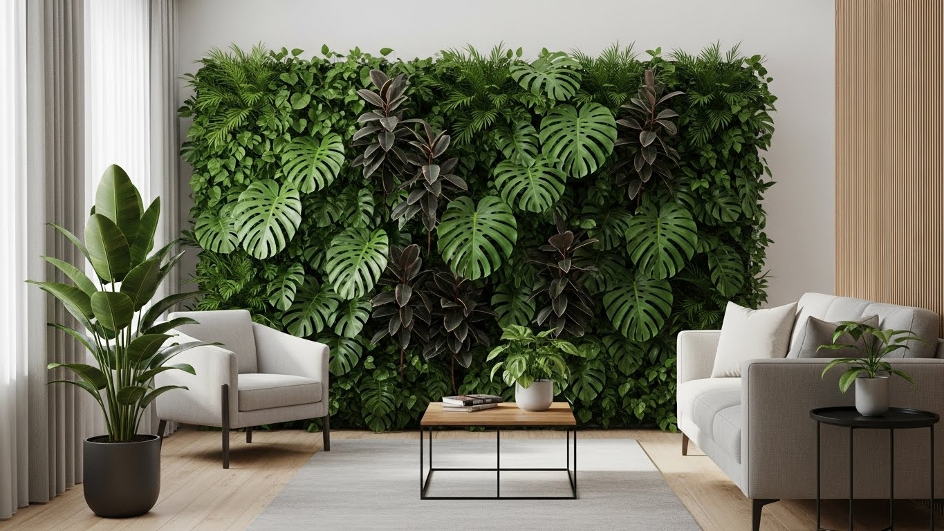 벽면을 따라 다양한 실내 식물들이 배치된 조용한 거실 공간. 몬스테라와 아레카야자 같은 넓은 잎 식물들이 소리를 부드럽게 흡수하며 안정적인 분위기를 만드는 인테리어 장면.
