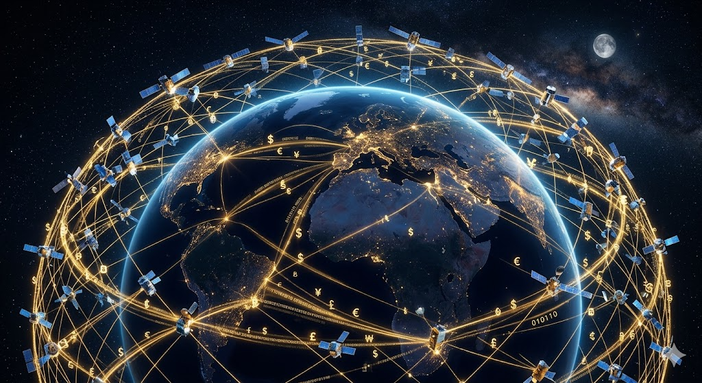 밤하늘의 수많은 위성 네트워크와 이를 연결하는 황금빛 돈의 흐름을 형상화한 인포그래픽