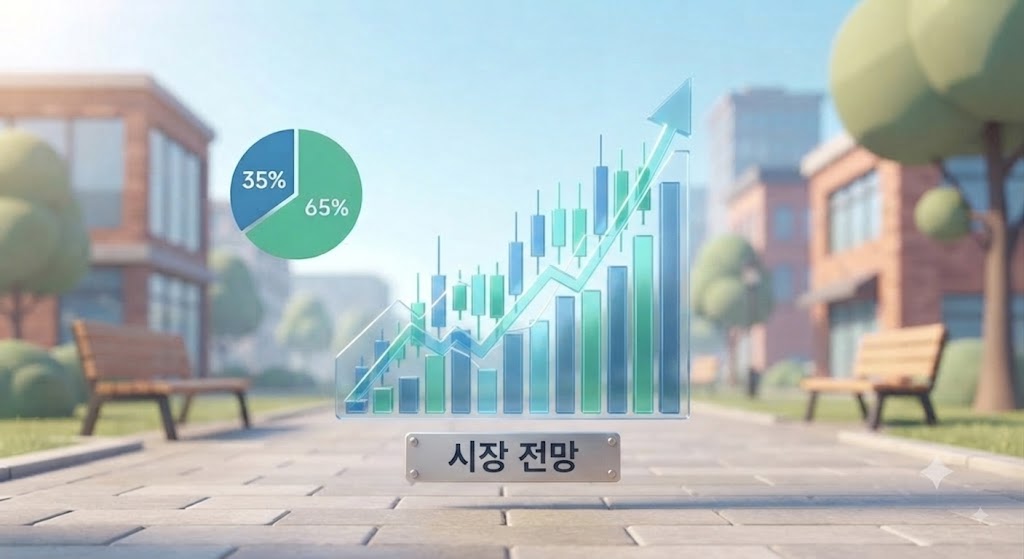 시장 전망 문구와 함께 상승하는 파란색 및 초록색 막대그래프와 35%/65% 비율의 원형 파이 차트를 동시에 보여주는 전문적인 금융 정보 인포그래픽 이미지