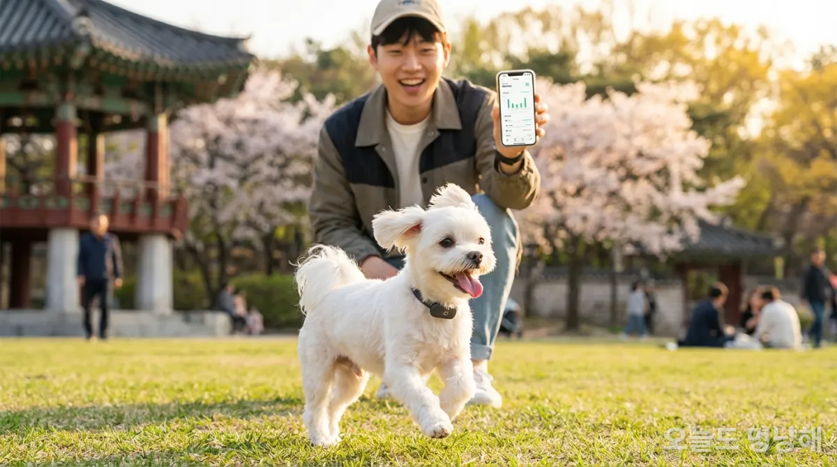 AI 웨어러블 목걸이를 착용하고 한국 공원에서 뛰는 말티즈