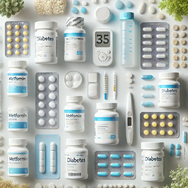 다양한 당뇨약이 밝은 배경에 정돈된 이미지, 메트포르민과 SGLT-2 억제제 등 약물 종류 비교