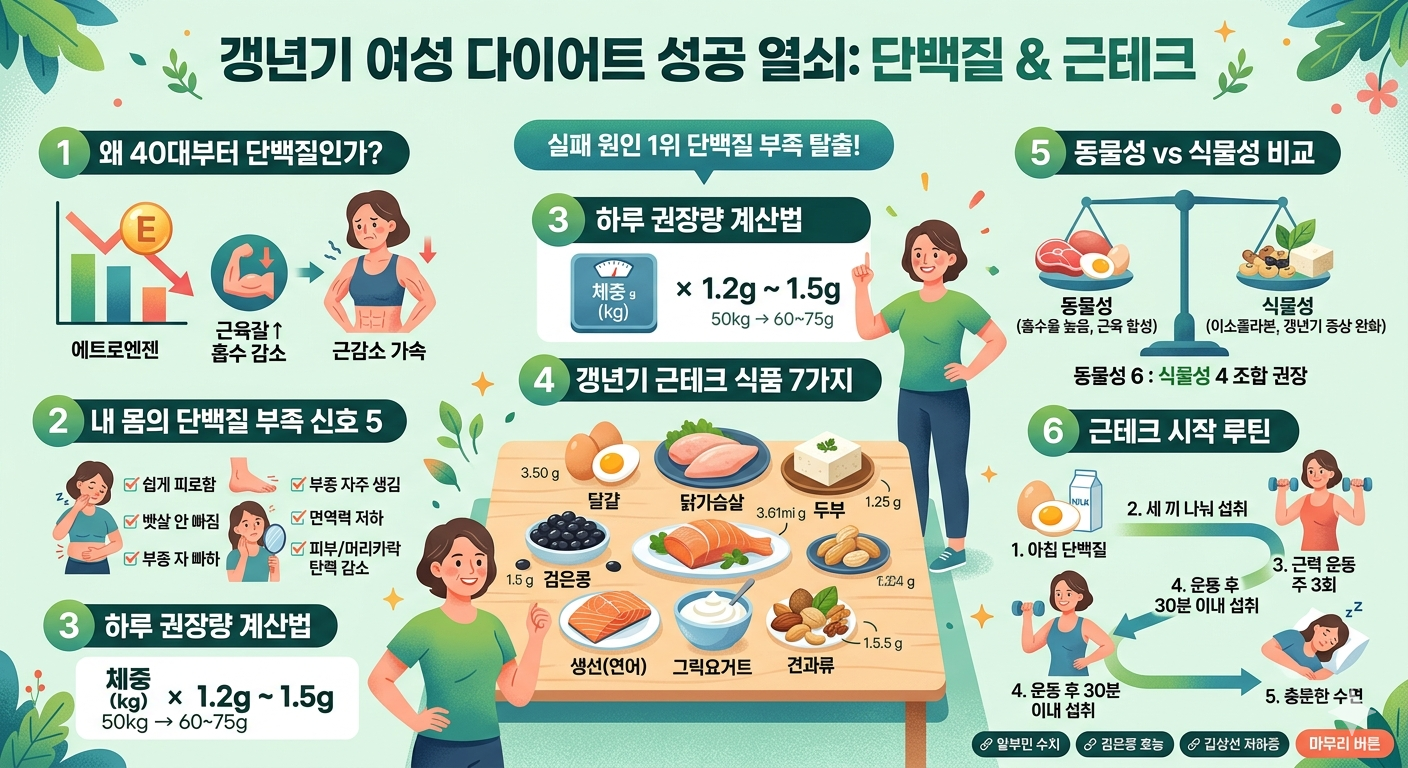 갱년기 여성 다이어트와 근테크 완전 가이드 인포그래픽 – 단백질 부족 신호, 하루 권장량 계산법, 단백질 식품 7가지, 근테크 시작 루틴 총정리