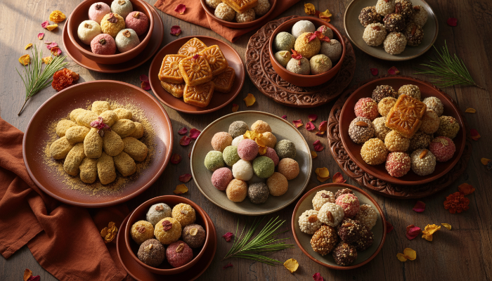 전통적인 한국 떡과 한과가 우아한 도자기 그릇에 정갈하게 차려진 모습