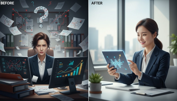 복잡한 정부지원금 서류에 혼란스러워하는 한국인과 디지털 플랫폼으로 쉽게 지원금을 확인하며 안도하는 한국인을 대비하여 보여주는 이미지.