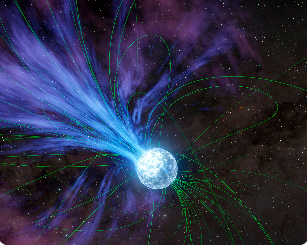강한 자기장과 빛의 제트를 방출하며 회전하는 중성자별의 모습