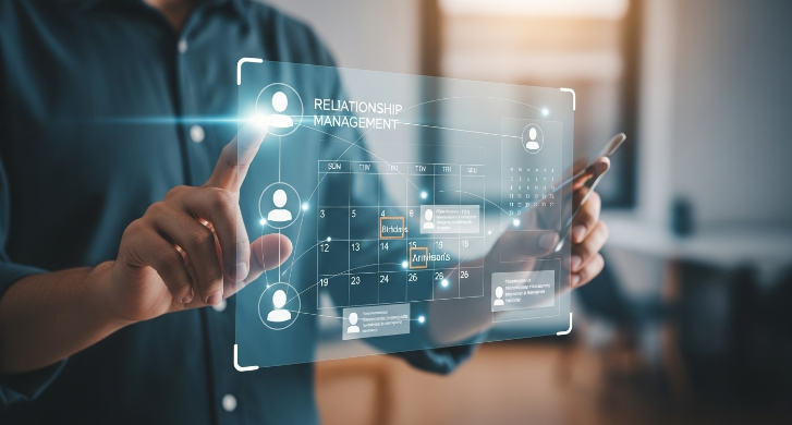 스마트 기기 화면에 생일과 기념일이 표시되고 메시지 템플릿이 보이는, 자동화된 인간관계 관리의 개념 이미지