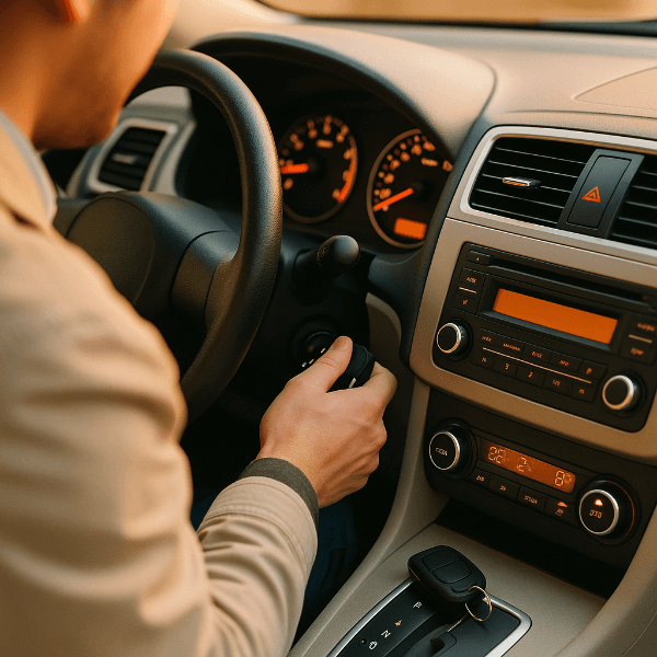 주행 중 시동 꺼짐 원인 점검을 떠올리게 하는 따뜻한 차량 내부 시동 장면