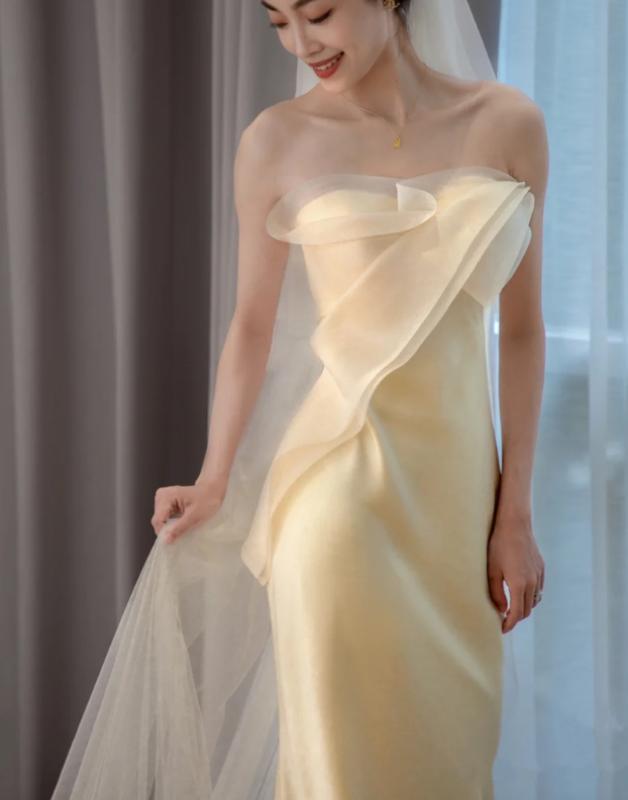 셀프 웨딩드레스 유색 2부 드레스 옐로우 실크 새틴 야외촬영 제주 드레스