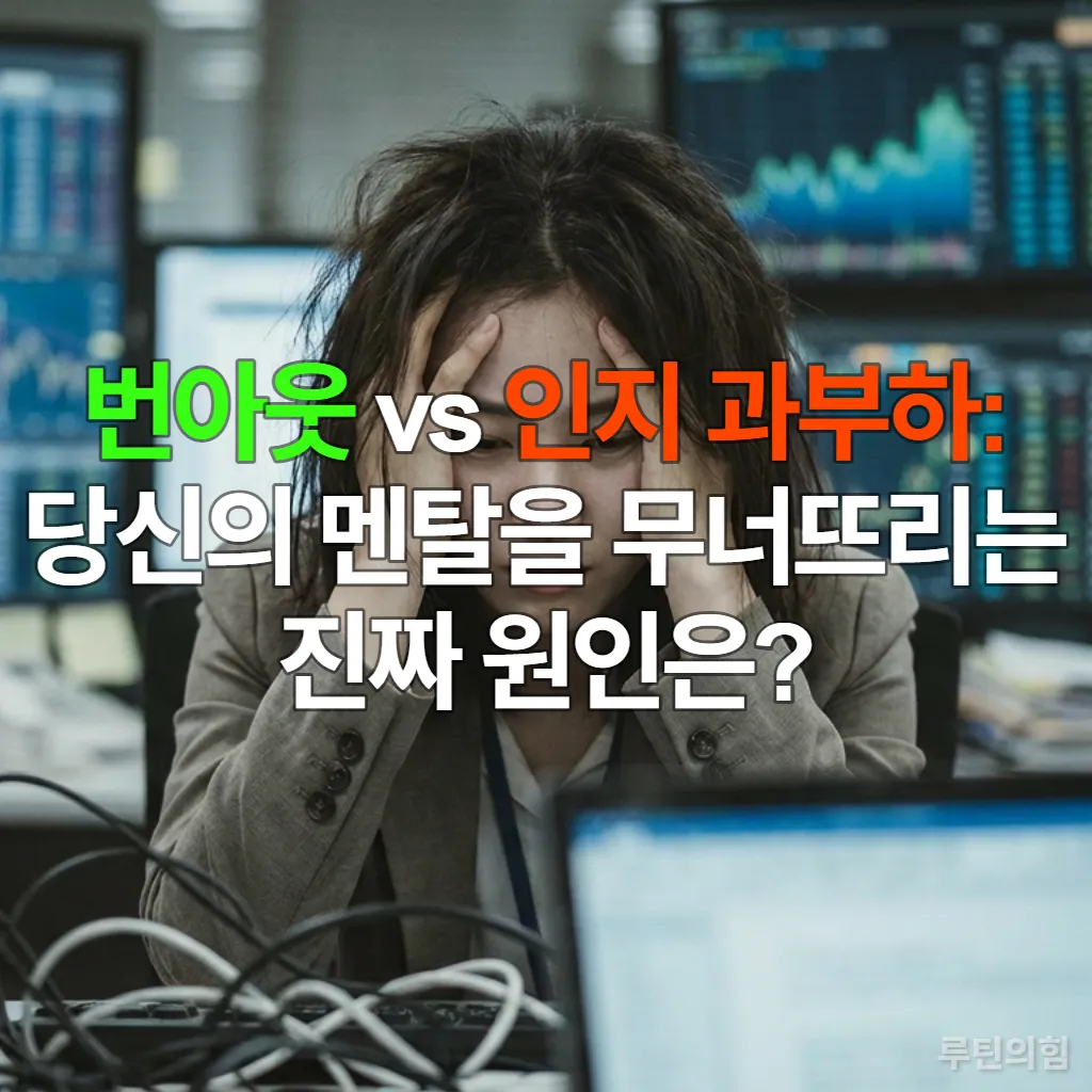 디지털 정보의 홍수 속에서 머리를 감싸 쥐고 지쳐 보이는 한국인 직장인
