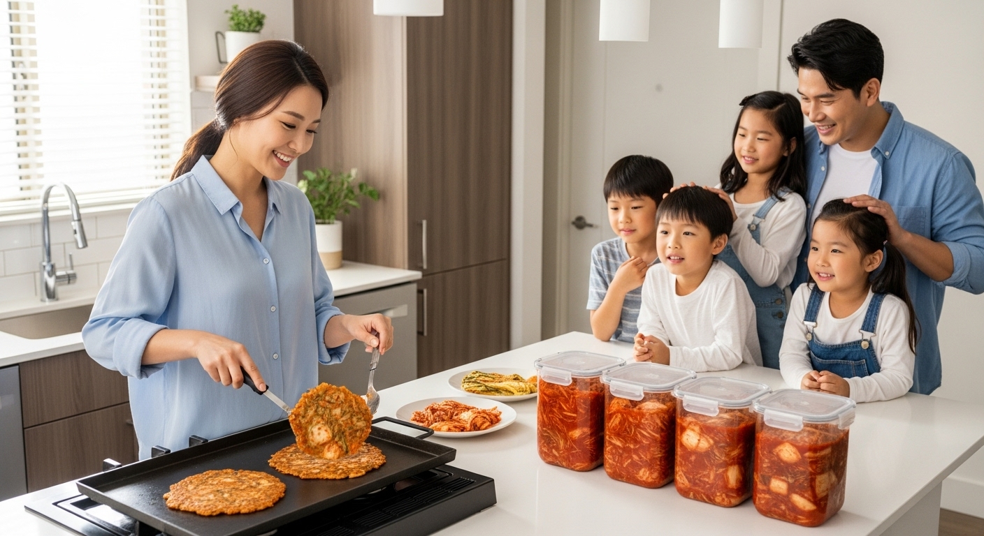 남은 김치양념으로 부침개요리하는 엄마와 가족들