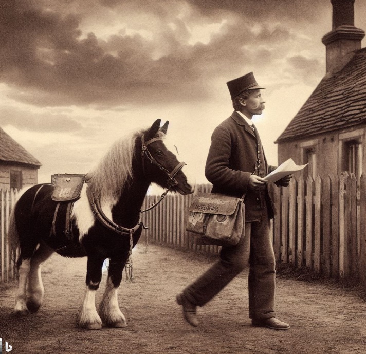 조랑말을 사용하여 속달로 우편물을 전달하였던 집배원(made by Bing)