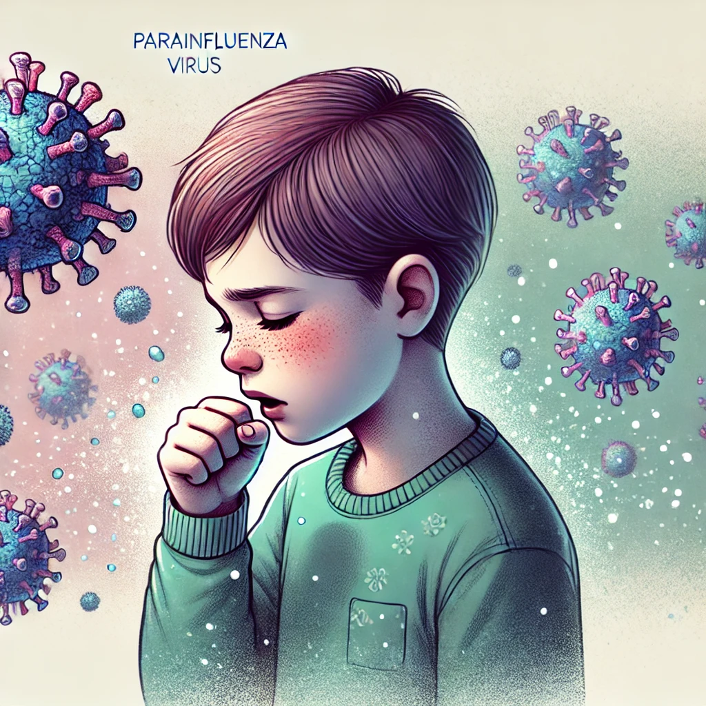 기침하는 아이 주변으로 파라인플루엔자 바이러스가 떠다니는 모습