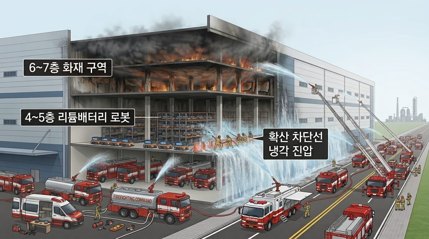 물류센터 층별 화재 진행 상황과 리튬배터리 로봇 보관 구역을 보여주는 개념도