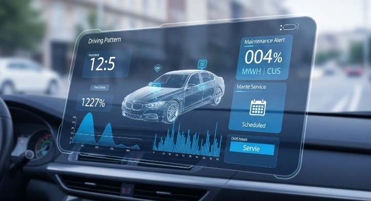 주행 패턴 분석과 정비 알림을 보여주는 미래지향적 차량 대시보드 인터페이스