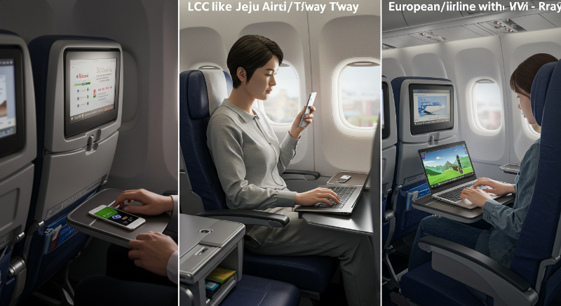 항공사별로 다른 기내 충전 포트와 무선 연결 서비스.