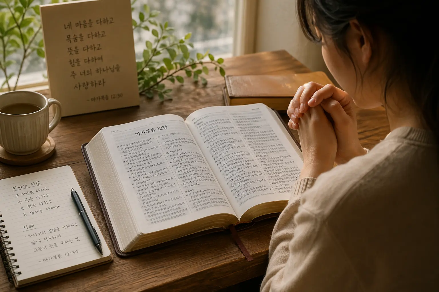 마가복음 12장을 펴놓고 하나님 사랑과 지혜를 묵상하는 모습