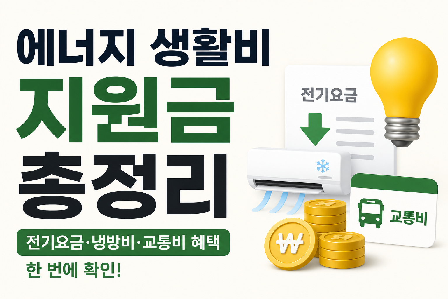 전기요금·냉방비·교통비 절약 혜택을 정리한 에너지 생활비 지원금 안내 이미지입니다. 오른쪽편에 전구, 에어컨, 교통비 아이콘과 생활비 절약 문구가 들어간 심플한 썸네일 이미지입니다.