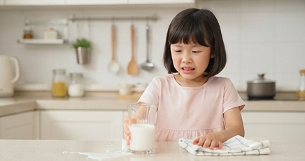 아이가 우유를 쏟고 당황하는 모습