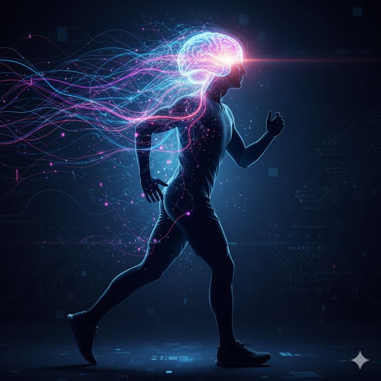 조깅하는 사람의 실루엣과 머리 부분에 빛나는 신경망 네트워크가 활성화되는 모습을 시각화한 이미지. 전두엽 부분이 특히 밝게 빛나며, 다양한 색상의 신경 연결선들이 역동적으로 움직이는 모습을 담은 미래지향적이고 과학적인 디지털 아트