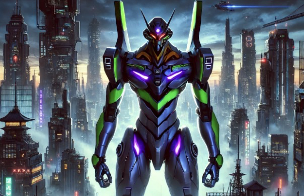 에반게리온스러운 분위기의 도시 배경과 로봇