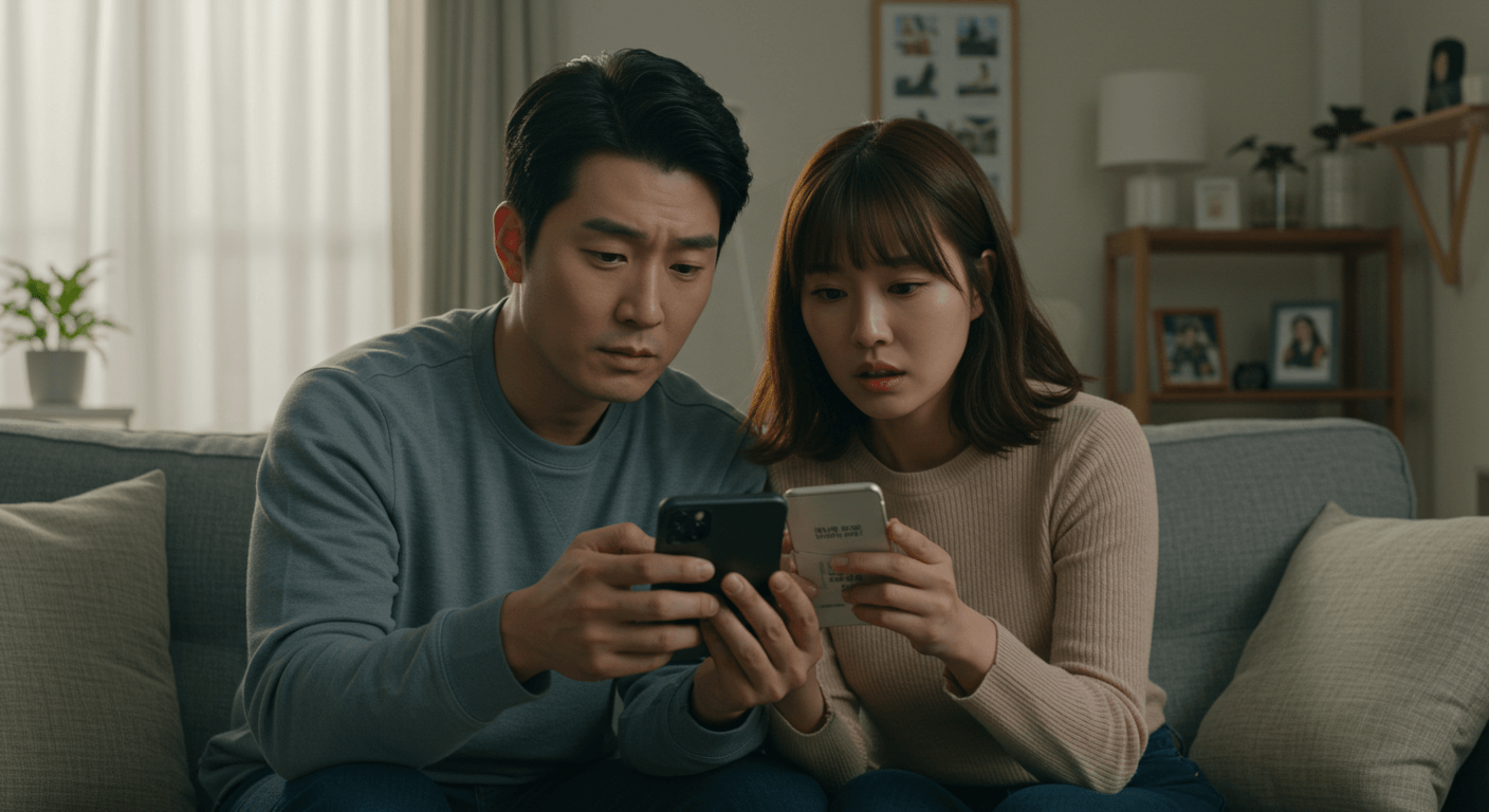 스마트폰 문자로 생활지원금 지급 확인을 하는 부부 2