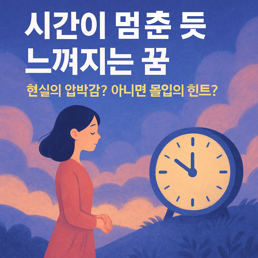 파스텔 톤의 몽환적인 일러스트, 젊은 여성이 멈춘 시계와 함께 서 있으며 시간이 멈춘 듯한 분위기를 표현한 장면
