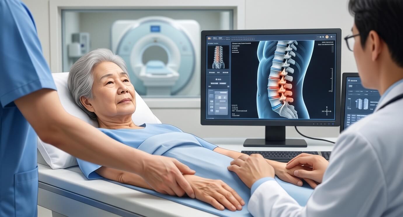 허리 MRI 영상을 보고 환자에게 설명하는중