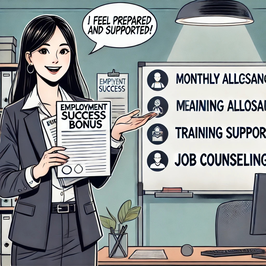 'Employment Success Bonus'라고 적힌 문서를 들고 웃고 있는 모습