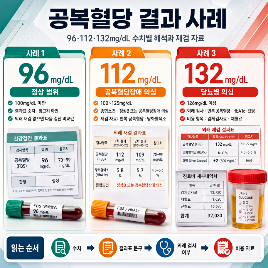 공복혈당 96, 112, 132mg/dL 사례별 정상 범위, 공복혈당장애 의심, 당뇨병 의심 결과를 비교한 인포그래픽
