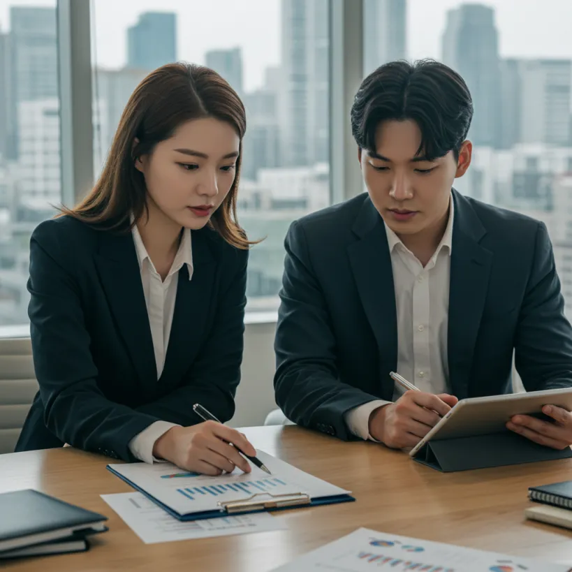 현대적인 사무실에서 보고서를 논의하는 두 명의 한국인 금융 전문가, 직업적 집중을 상징.
