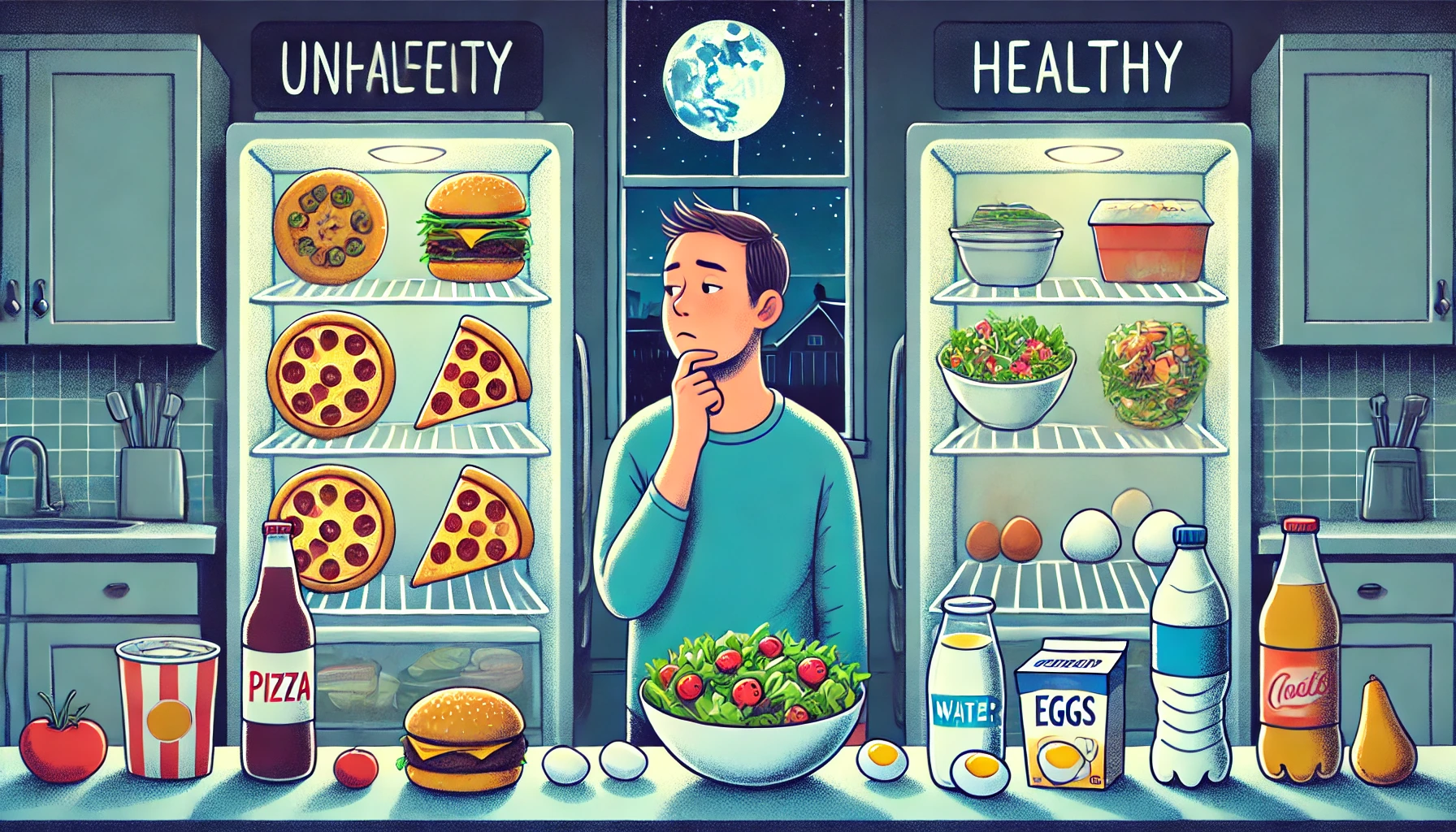 한 남자가 야식으로 무엇을 먹을 지 고민하는 모습