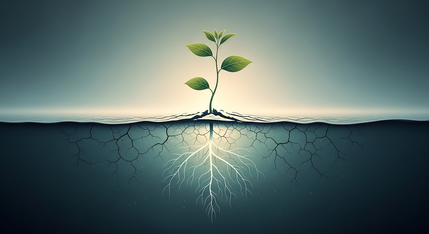 갈라진 흙을 뚫고 솟아나는 새싹 이미지. 내면의 깊은 탐색을 통해 얻는 개인의 성장과 자아 발견을 상징하며, 희망찬 빛이 부드럽게 감싸고 있습니다.