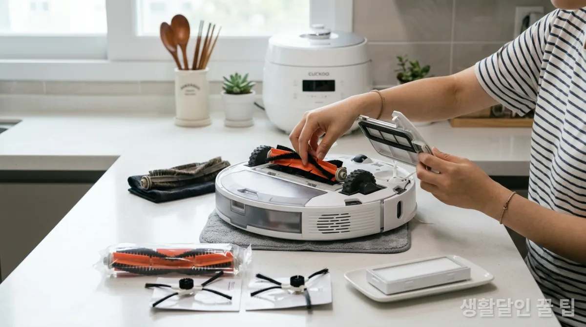 로봇청소기의 필터 또는 브러시를 교체하는 손의 클로즈업