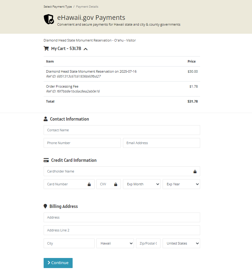 다이아몬드 헤드 공식홈페이지 결제정보 입력화면