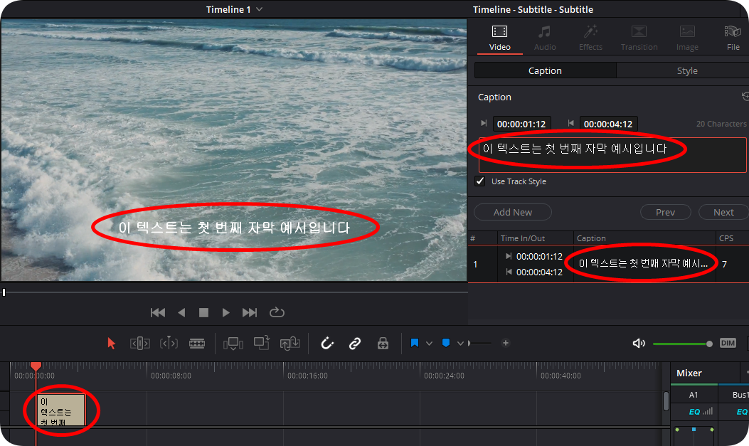 입력된 자막이 여러 곳에 표시된 화면