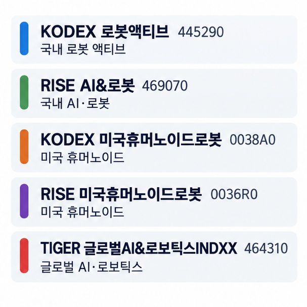 KODEX 로봇액티브 RISE AI로봇 KODEX 미국휴머노이드로봇 RISE 미국휴머노이드로봇 TIGER 글로벌AI로보틱스INDXX의 특징을 비교한 이미지
