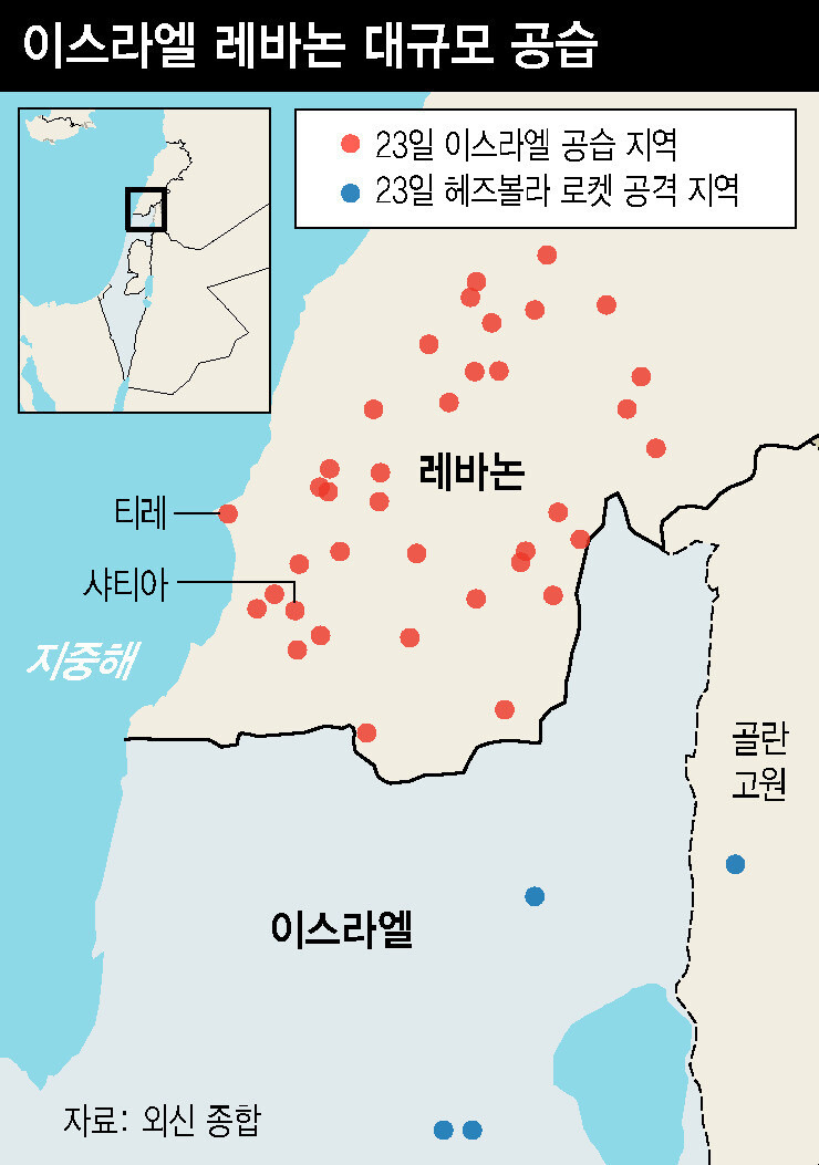 대규모 공습은 지난 17일과 18일 레바논 전역에서 이스라엘 소행으로 추정되는 무선호출기(삐삐) 및 무전기 폭파 테러로 30명 이상이 숨진 사건 뒤 일어났다. 베냐민 네타냐후 이스라엘 극우 내각은 이 사건 뒤 헤즈볼라의 위협을 완전히 제거하고, 피란 중인 접경 지역 이스라엘 주민 6만명의 안전 귀환을 전쟁의 목표로 추가했다.