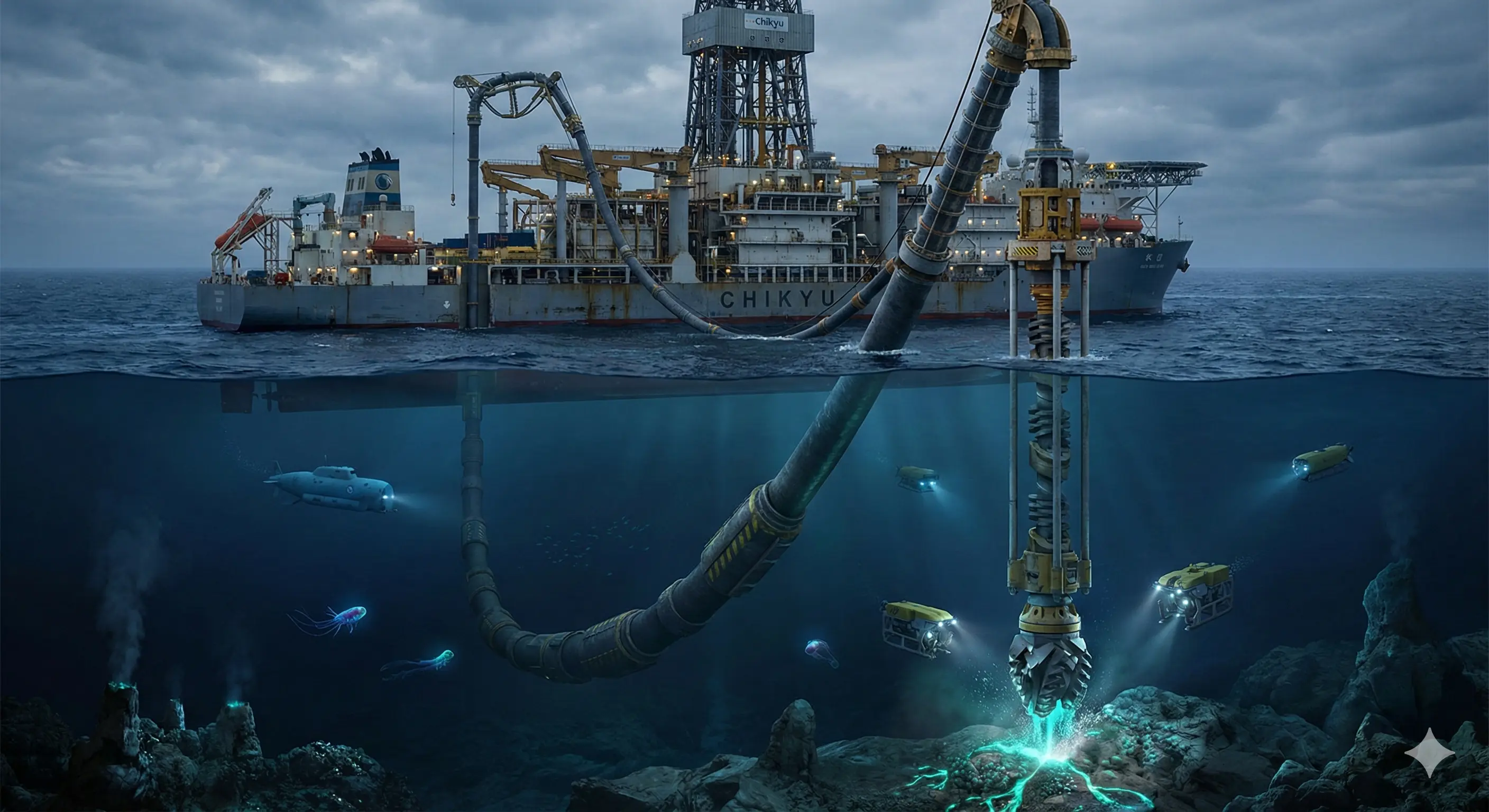 일본 심해 6000m 희토류 채굴선 치큐호 작업 상상도