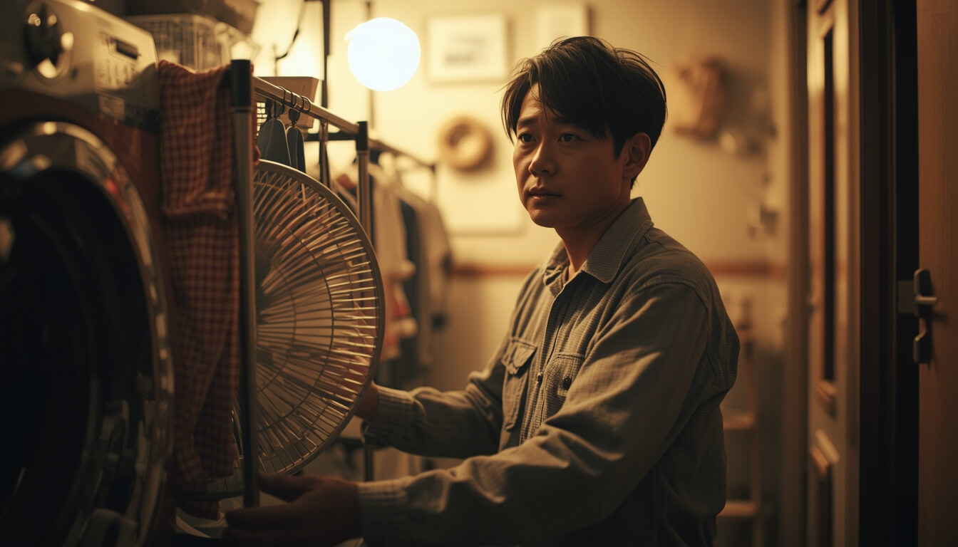 실내 빨래 건조 시간을 줄이기 위해 선풍기를 배치하는 남성