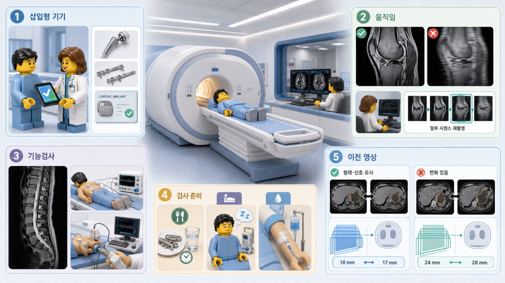 MRI 검사에서 자주 묻는 질문과 삽입형 기기, 움직임, 검사 준비, 이전 영상 비교를 정리한 의료 인포그래픽