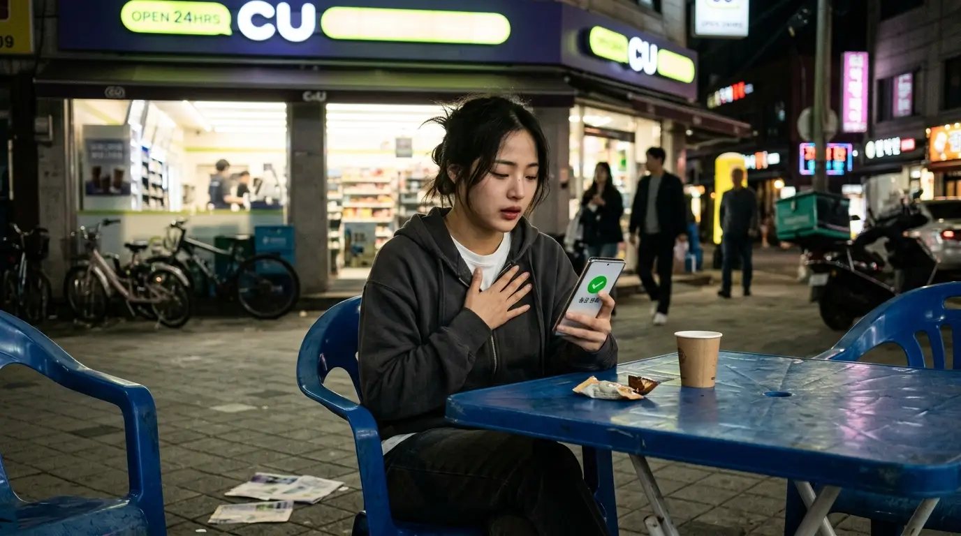 늦은 밤 편의점 앞 플라스틱 의자에 앉아 스마트폰 뱅킹 앱을 통해 무사히 상환 완료 알림을 보고 가슴을 쓸어내리는 20대 여성