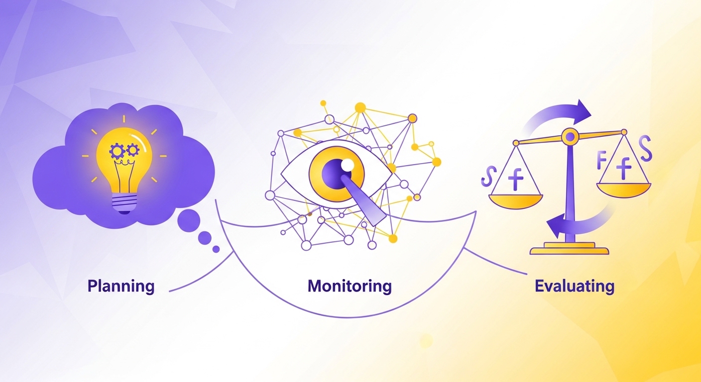 메타인지의 세 가지 단계인 계획, 모니터링, 평가를 상징하는 추상적인 일러스트. 생각 전구, 지켜보는 눈, 저울이 보라색과 노란색으로 표현됨.